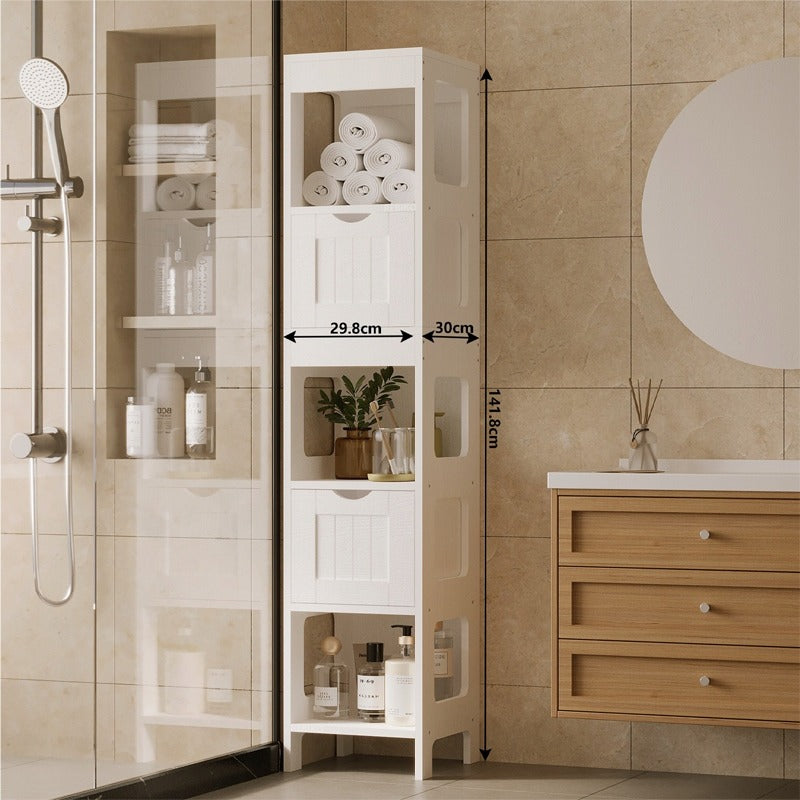 Dulap Inalt de Baie Tip Coloana cu Sertare si Rafturi, Alb, 30x30x142 cm, MDF