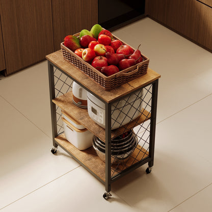Carucior de Bucatarie Mobil pe Roti Stil Loft Maro Inchis si Metal, 60x40x89 cm