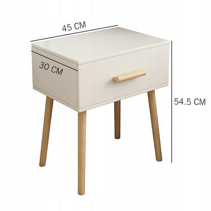 Masă noptieră 45 cm – alb, MDF + lemn, stil modern
