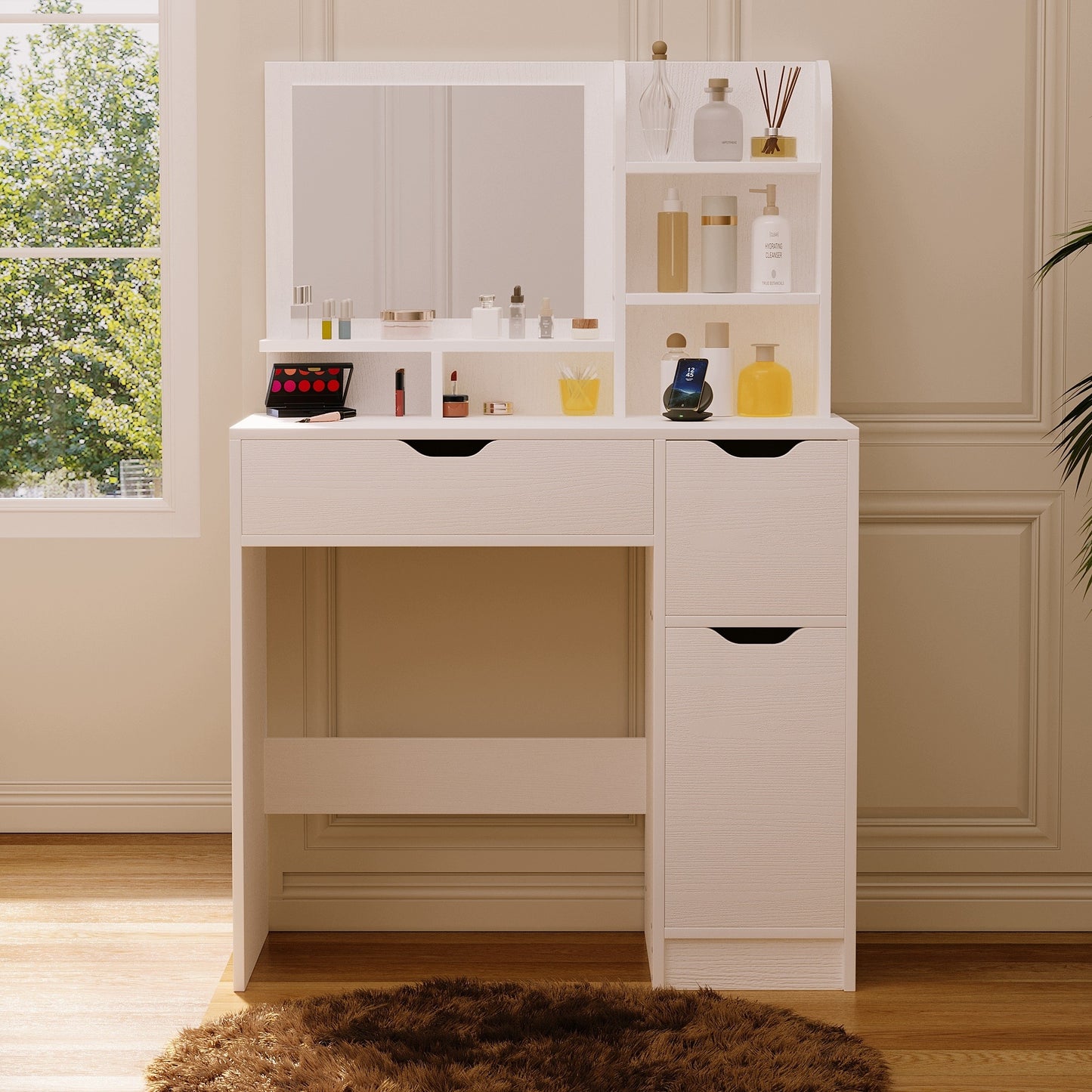 Masuta de Toaleta pentru Machiaj Alb Mat, Oglinda Dreptunghiulara, 2 Sertare si Dulap, 80 cm