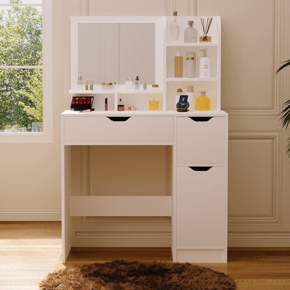 Masuta de Toaleta pentru Machiaj Alb Mat, Oglinda Dreptunghiulara, 2 Sertare si Dulap, 80 cm