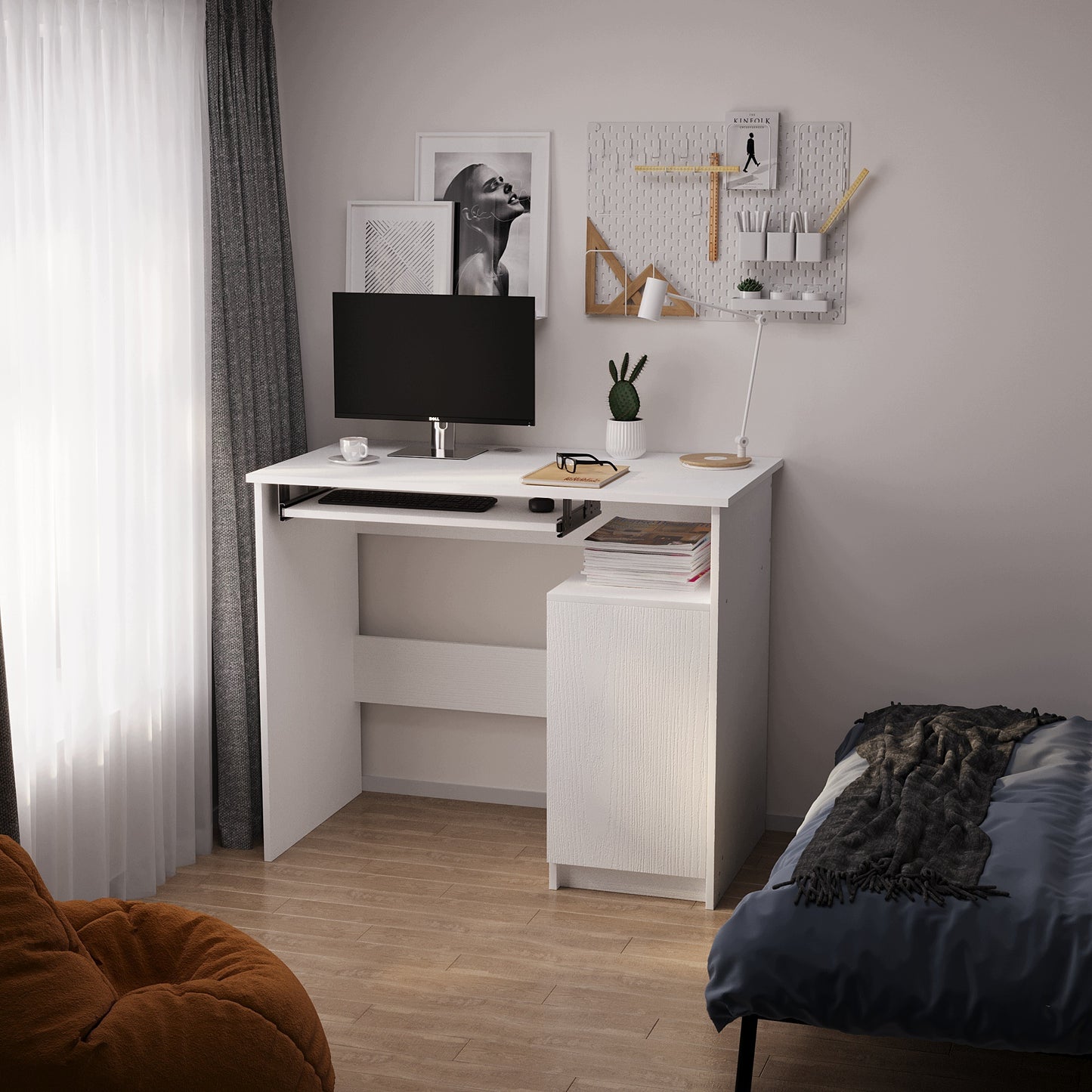 Birou Compact PC 90 cm cu Raft Extensibil Tastatura, Alb Mat Textura Lemn, 90x50x76 cm