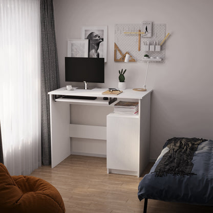 Birou Compact PC 90 cm cu Raft Extensibil Tastatura, Alb Mat Textura Lemn, 90x50x76 cm
