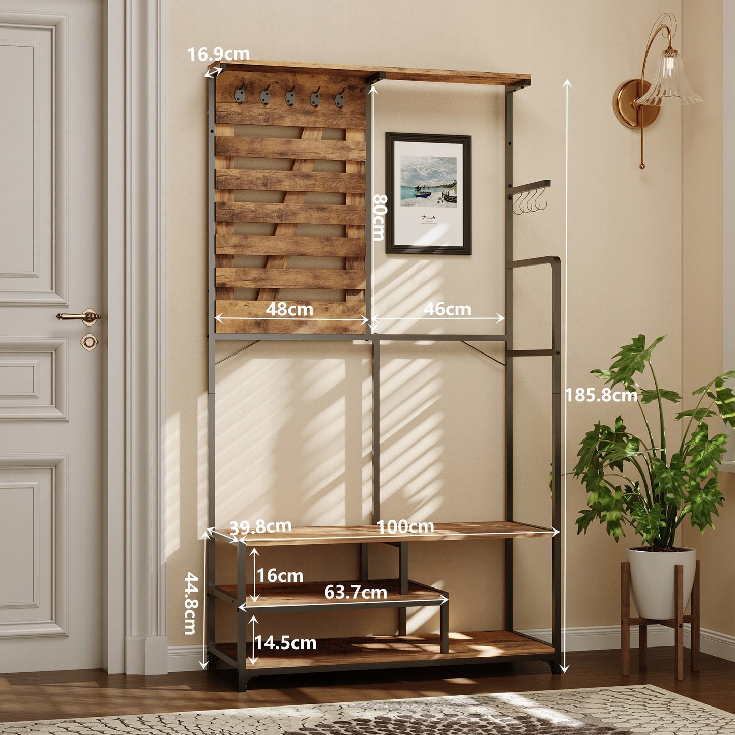 Cuier Hol Stil Industrial Loft cu Banca si Pantofar, Metal si Lemn, 100x40x186 cm