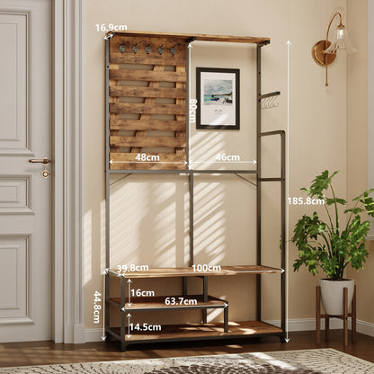 Cuier Hol Stil Industrial Loft cu Banca si Pantofar, Metal si Lemn, 100x40x186 cm