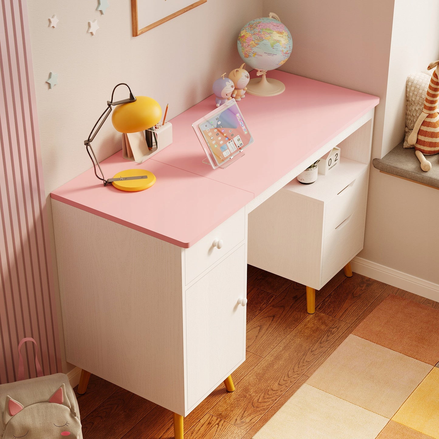 Birou Tineret Stil Scandinav Roz si Alb, Masa de Studiu din Lemn si MDF, 110 cm