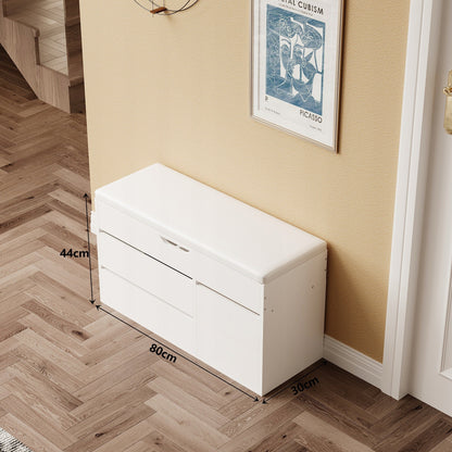 Banca pentru Hol cu Pantofar si Sezut Tapitat, Dulap Alb cu Usi si Depozitare, 80x30x44 cm