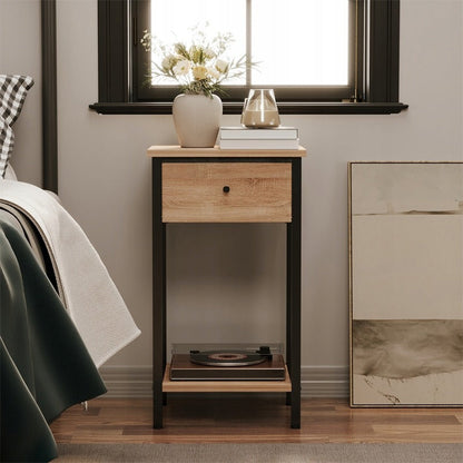 Noptiera Stil Loft cu Sertar si Raft, Maro Deschis si Metal, 38x28x51 cm, Dormitor / Living
