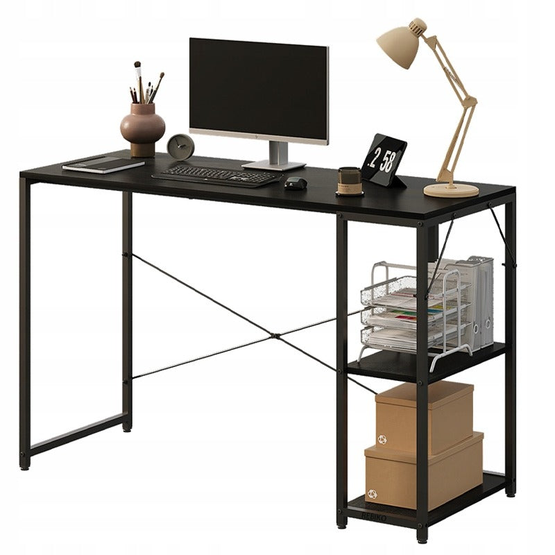 Birou Calculator Stil Loft cu Rafturi, Negru complet, MDF si Metal, 120x48 cm, Home Office