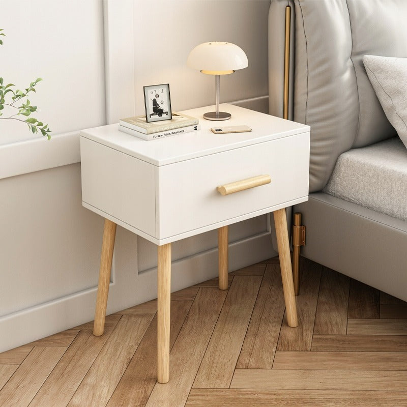 Masă noptieră 45 cm – alb, MDF + lemn, stil modern