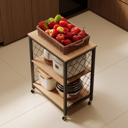 Carucior de Bucatarie Mobil pe Roti Stil Loft Maro Deschis si Metal, 60x40x89 cm