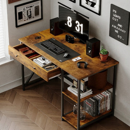 Birou Calculator Stil Loft cu Sertar si Rafturi, Maro Rustic si Metal, 120x60x74 cm