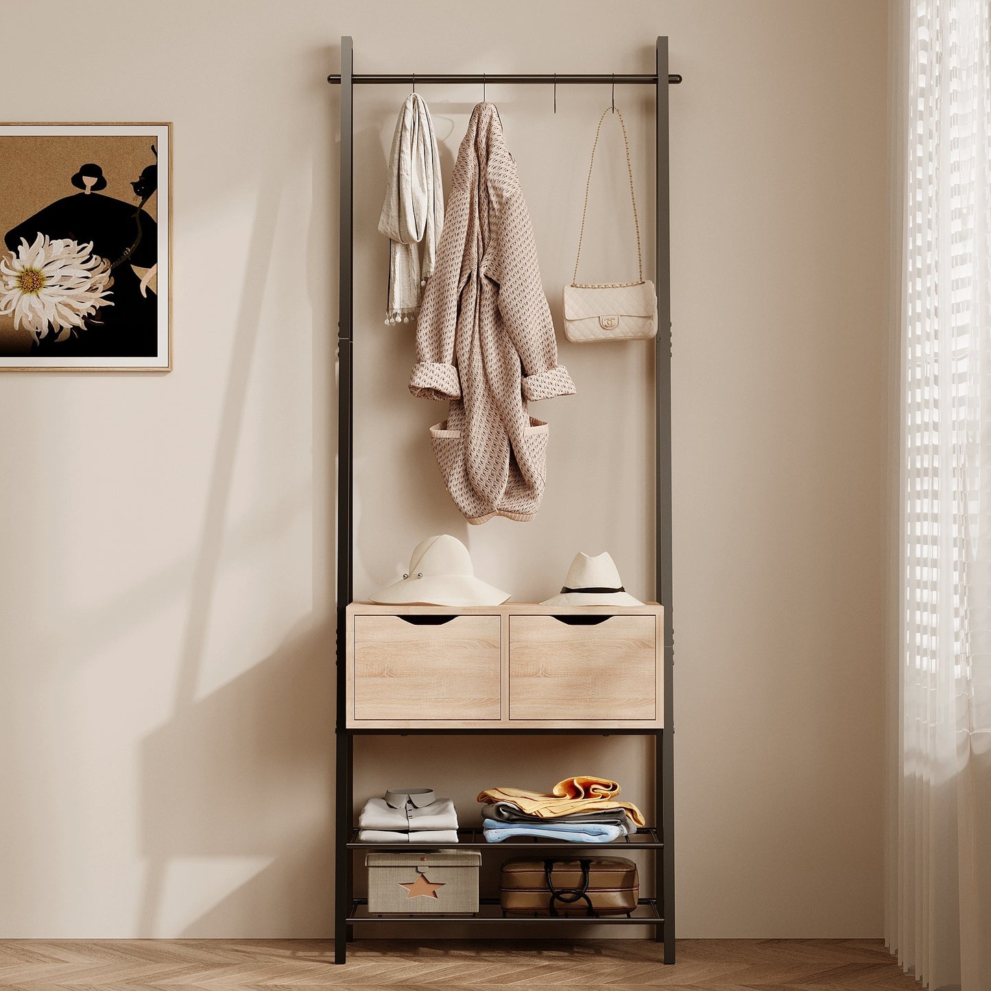 Cuier de Podea Stil Industrial Loft cu 2 Sertare si Pantofar, Stejar Deschis si Otel Negru, 70x32x178 cm