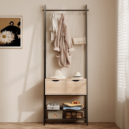 Cuier de Podea Stil Industrial Loft cu 2 Sertare si Pantofar, Stejar Deschis si Otel Negru, 70x32x178 cm