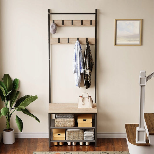Cuier de Podea Stil Loft pentru Hol, 178x64 cm, Suport Haine si Pantofi Maro/Negru