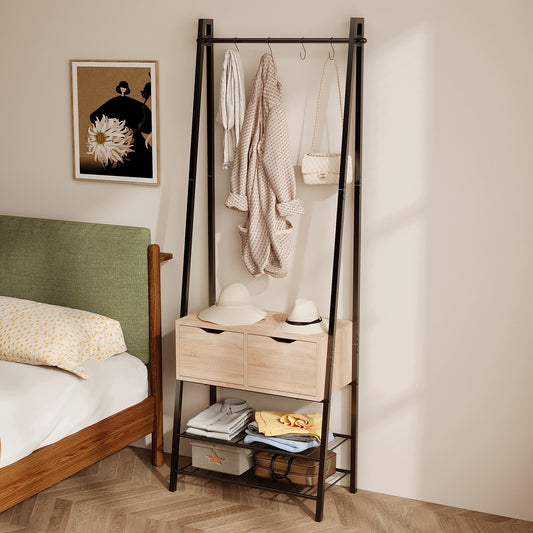 Cuier de Podea Stil Industrial Loft cu 2 Sertare si Pantofar, Stejar Deschis si Otel Negru, 70x32x178 cm
