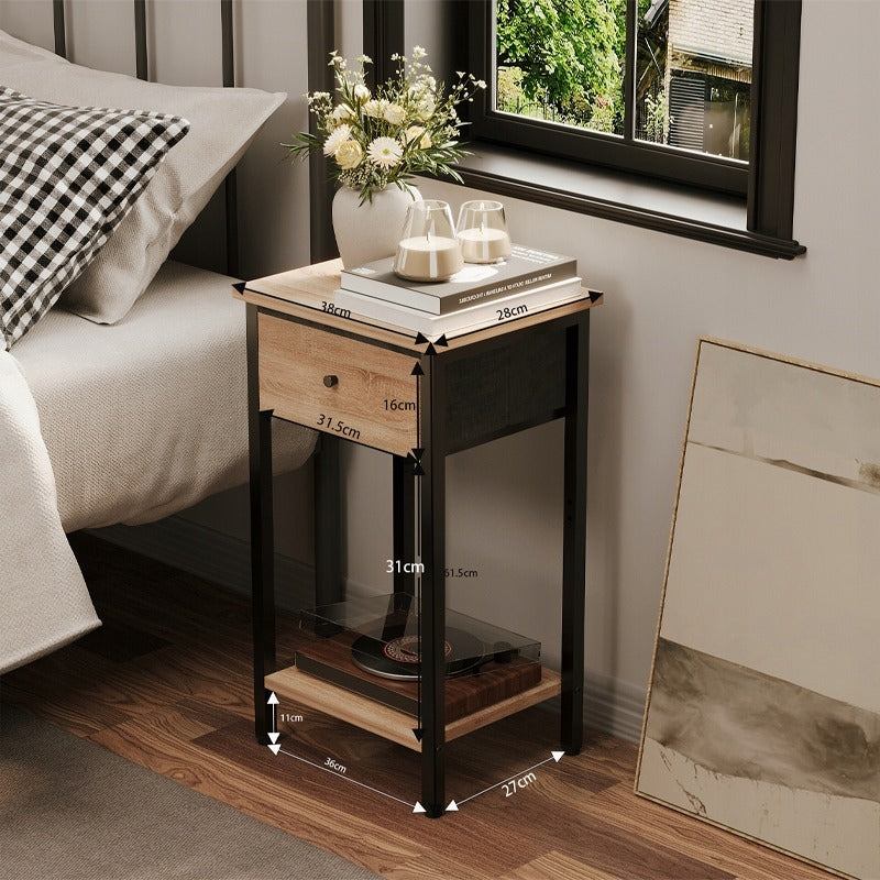 Noptiera Stil Loft cu Sertar si Raft, Maro Deschis si Metal, 38x28x51 cm, Dormitor / Living