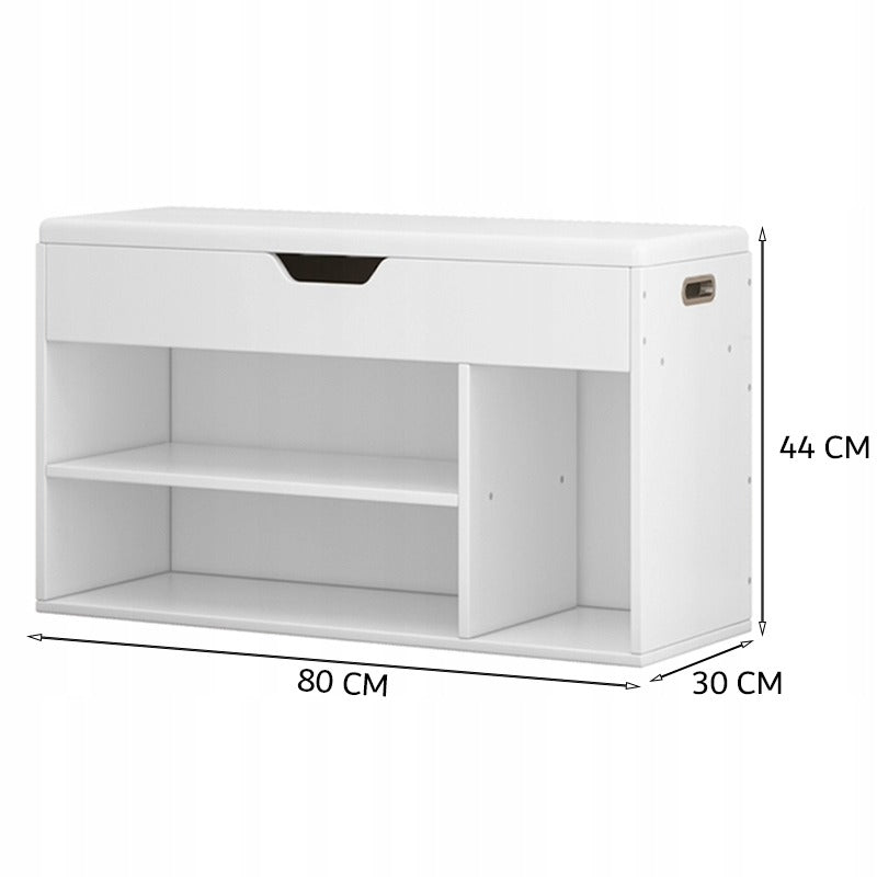 Dulap pantofi cu bancă 80 cm – alb, 3 polițe, pernă tapițată