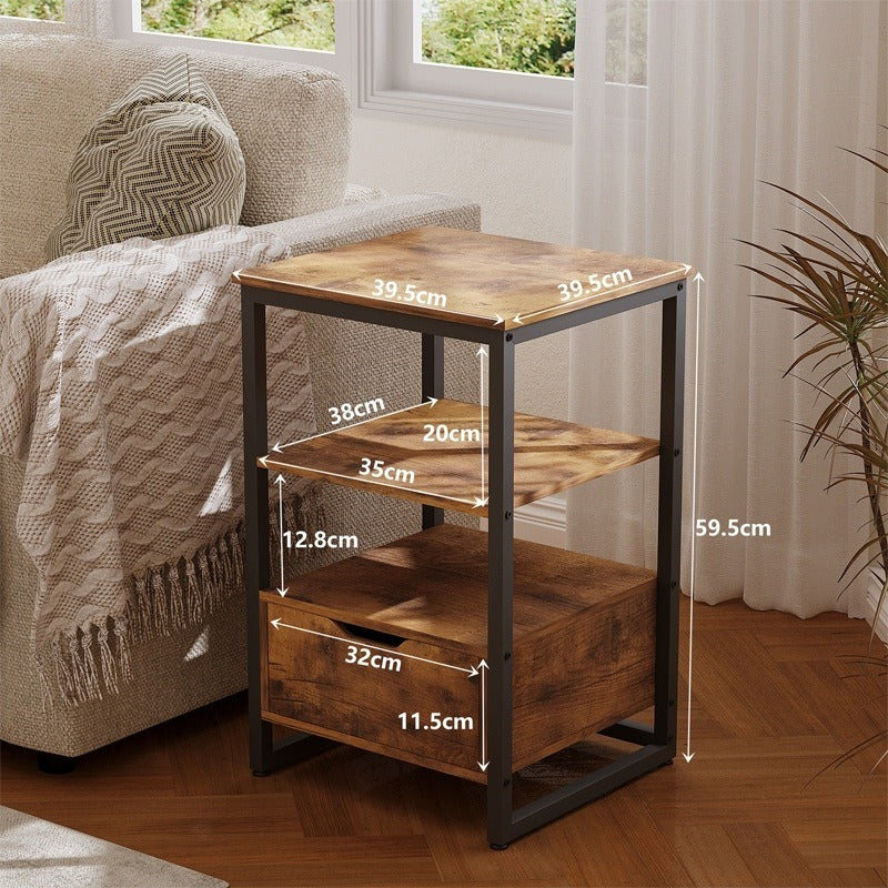 Noptiera Dormitor Stil Loft Retro din MDF Maro Inchis cu Sertar si 2 Rafturi, 40x40x60 cm