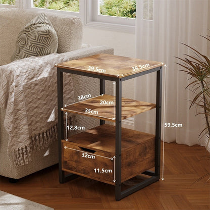 Noptiera Dormitor Stil Loft Retro din MDF Maro Inchis cu Sertar si 2 Rafturi, 40x40x60 cm