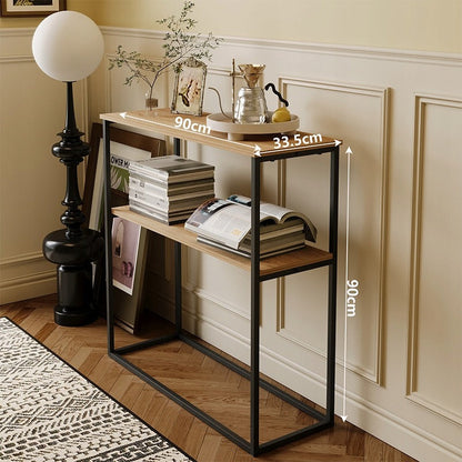 Masă consolă 90 cm – maro deschis, cu raft, pentru hol/living