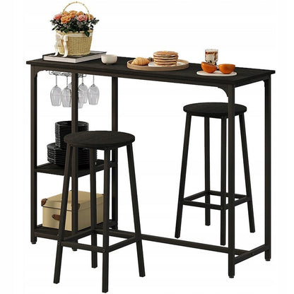 Set Bar Stil Loft cu Masa 120 cm si 2 Scaune Taburet, Complet Negru din Metal