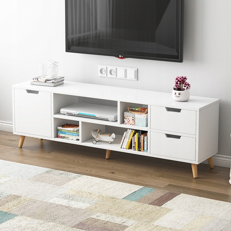 Comoda TV Stil Scandinav din MDF Alb Mat cu Picioare Lemn, 140x30x38 cm