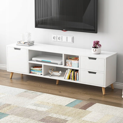 Comoda TV Stil Scandinav din MDF Alb Mat cu Picioare Lemn, 140x30x38 cm
