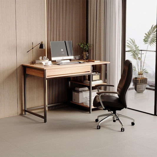 Birou Computer Stil Industrial Loft cu Sertare, Stejar Deschis si Cadru Metalic Negru, 120x60x76 cm