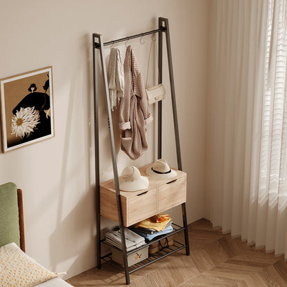 Cuier de Podea Stil Industrial Loft cu 2 Sertare si Pantofar, Stejar Deschis si Otel Negru, 70x32x178 cm