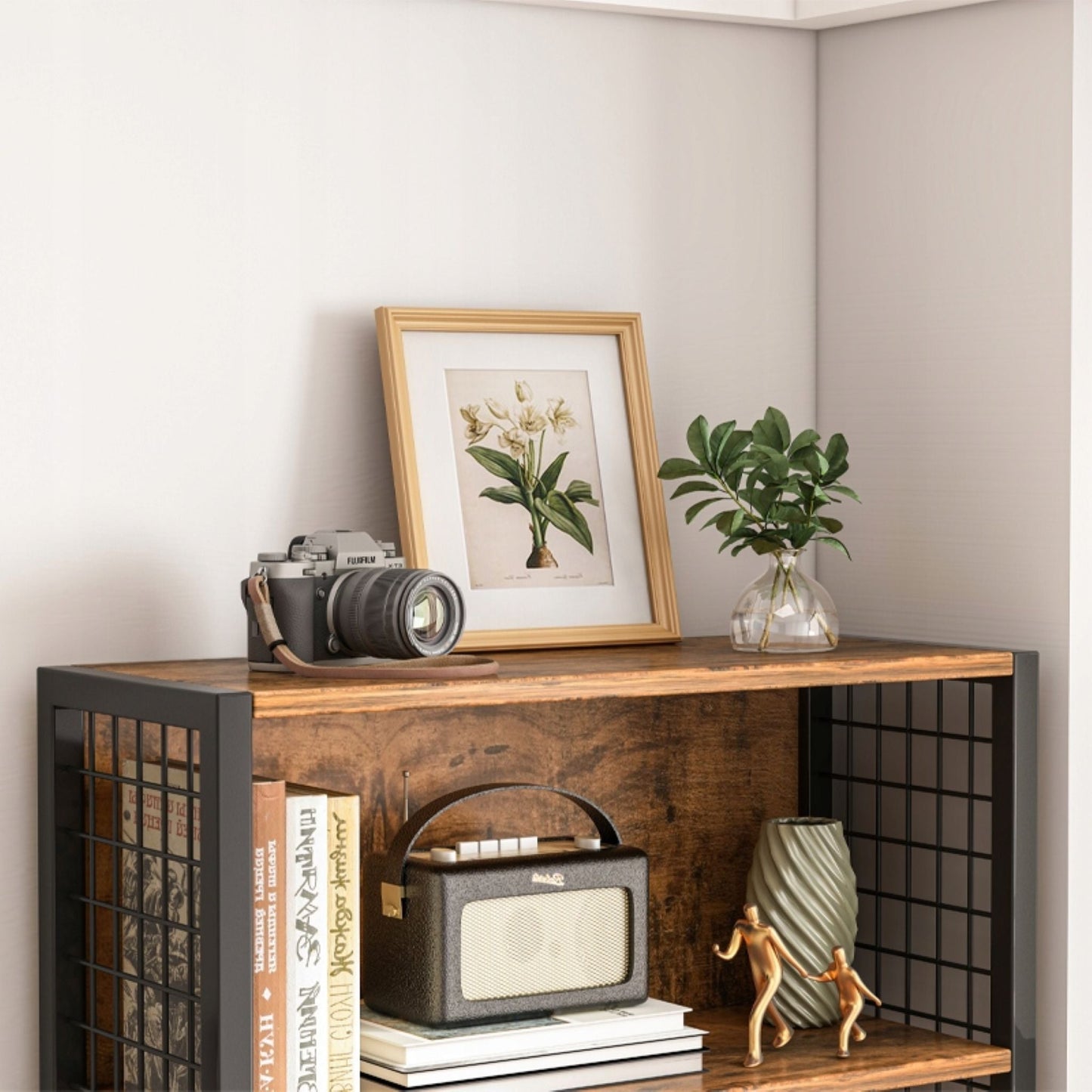 Bibliotecă loft 155 cm – MDF lemn rustic + cadru metalic, 5 polițe