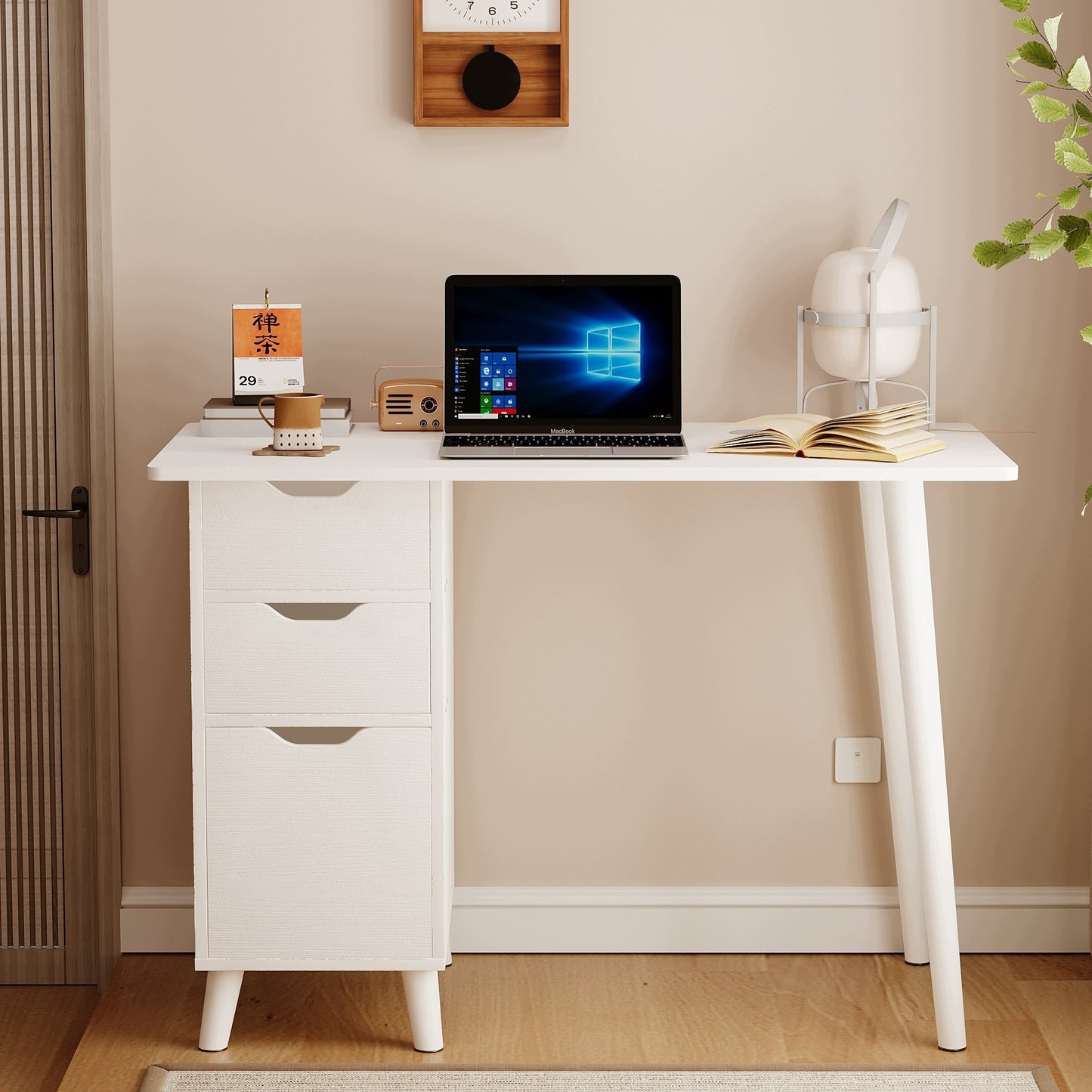 Birou Stil Scandinav Alb cu 2 Sertare si Textura Lemn, Masa PC/Studiu, 100x50x72 cm