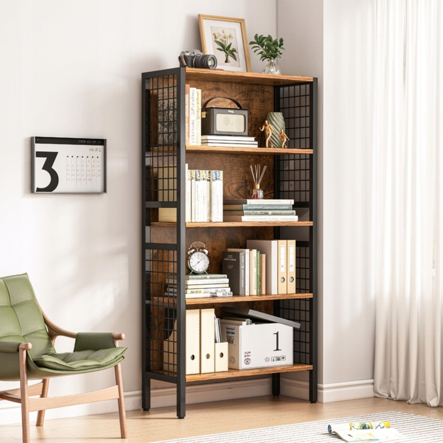 Bibliotecă loft 155 cm – MDF lemn rustic + cadru metalic, 5 polițe