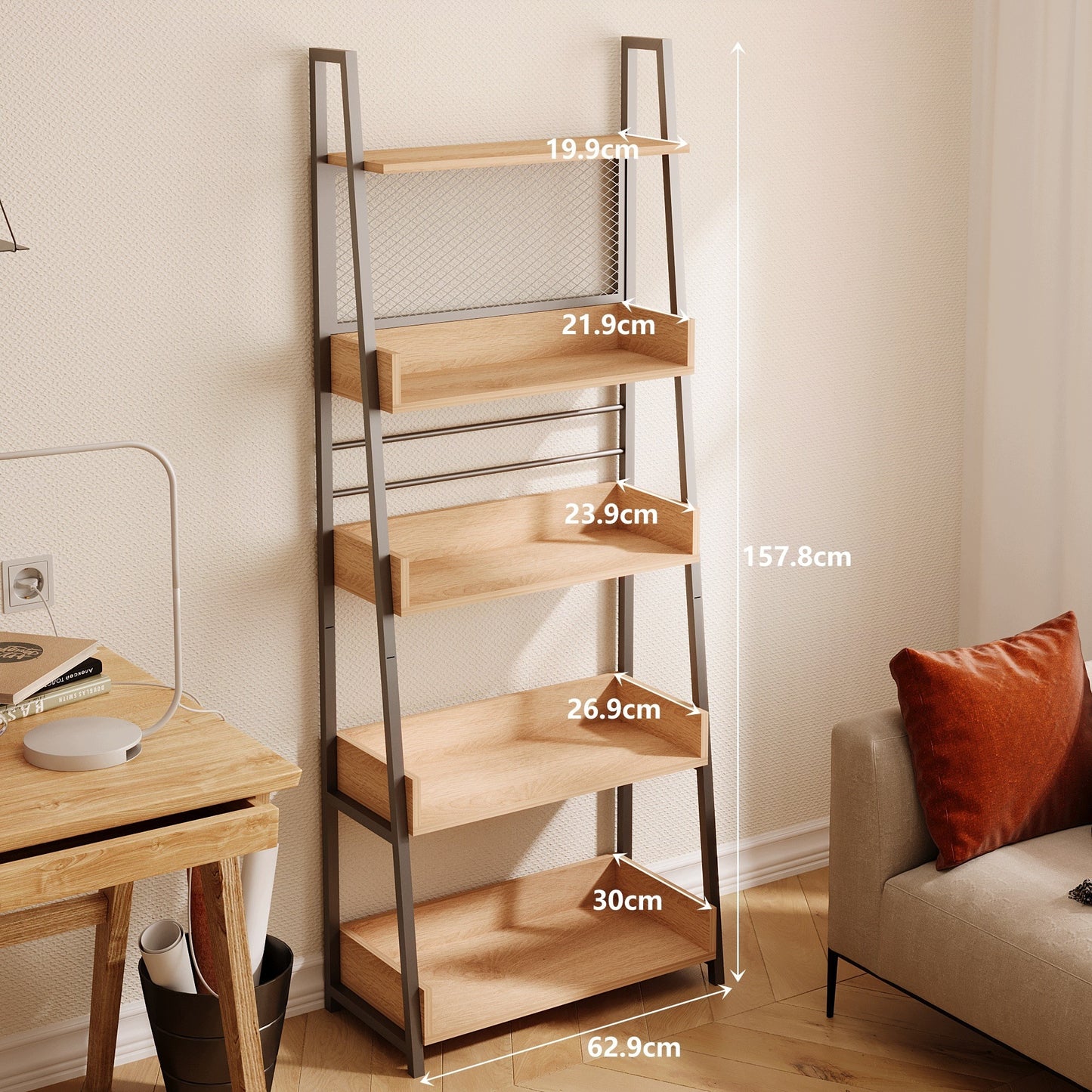 Biblioteca Tip Scara Stil Industrial cu 5 Rafturi Stejar si Metal, 63x30x158 cm
