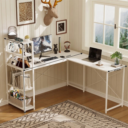 Birou de Colt pentru Computer cu Biblioteca si Rafturi, Alb, 144x51.5 cm, Stil Loft