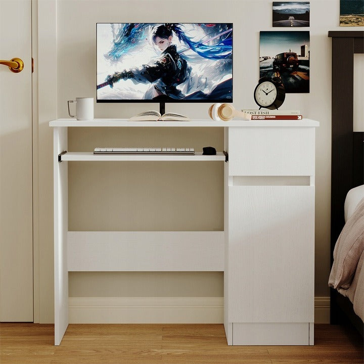 Birou Tineret 90cm Alb cu Sertar și Raft – Birou Calculator Stil Modern