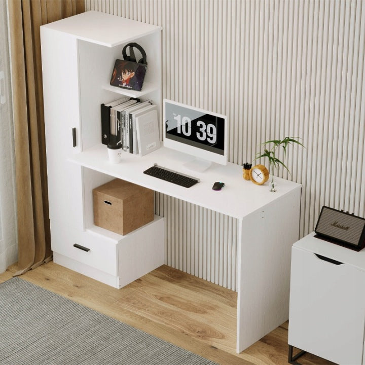 Birou pentru Calculator cu Raft 142 cm Alb – Stil Loft pentru Birou