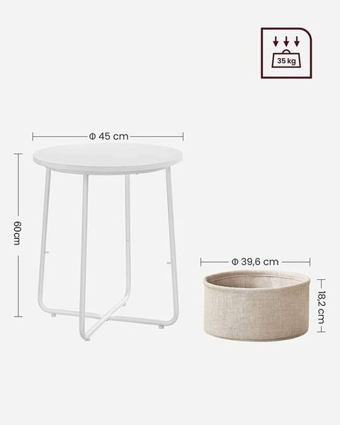 Măsuță de Cafea Rotundă Albă 45x60 cm cu Coș Bej Organizator Cadru Metalic
