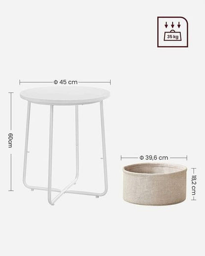 Măsuță de Cafea Rotundă Albă 45x60 cm cu Coș Bej Organizator Cadru Metalic