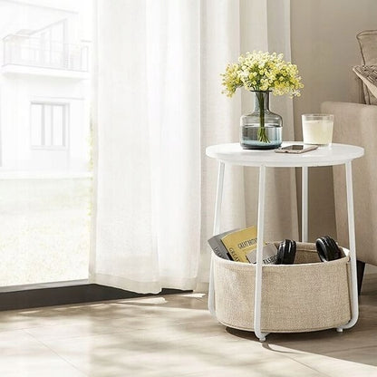 Măsuță de Cafea Rotundă Albă 45x60 cm cu Coș Bej Organizator Cadru Metalic