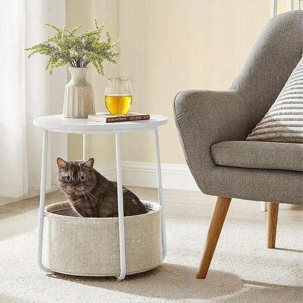 Măsuță de Cafea Rotundă Albă 45x60 cm cu Coș Bej Organizator Cadru Metalic