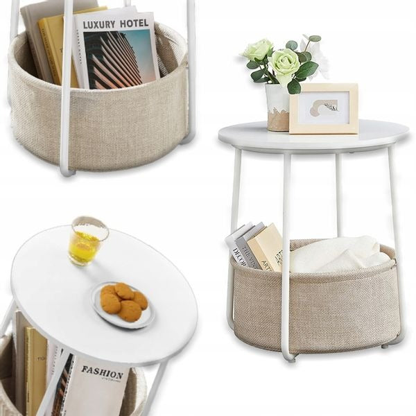 Măsuță de Cafea Rotundă Albă 45x60 cm cu Coș Bej Organizator Cadru Metalic