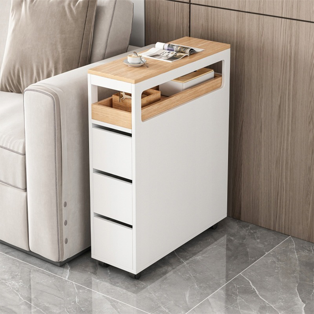 Comodă baie mobilă 65 cm – alb, cu roți și 3 sertare, MDF, organizator