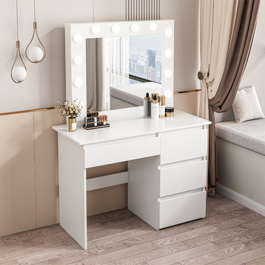 Masă toaletă albă 90 cm cu oglindă LED – modernă, MDF, pentru machiaj