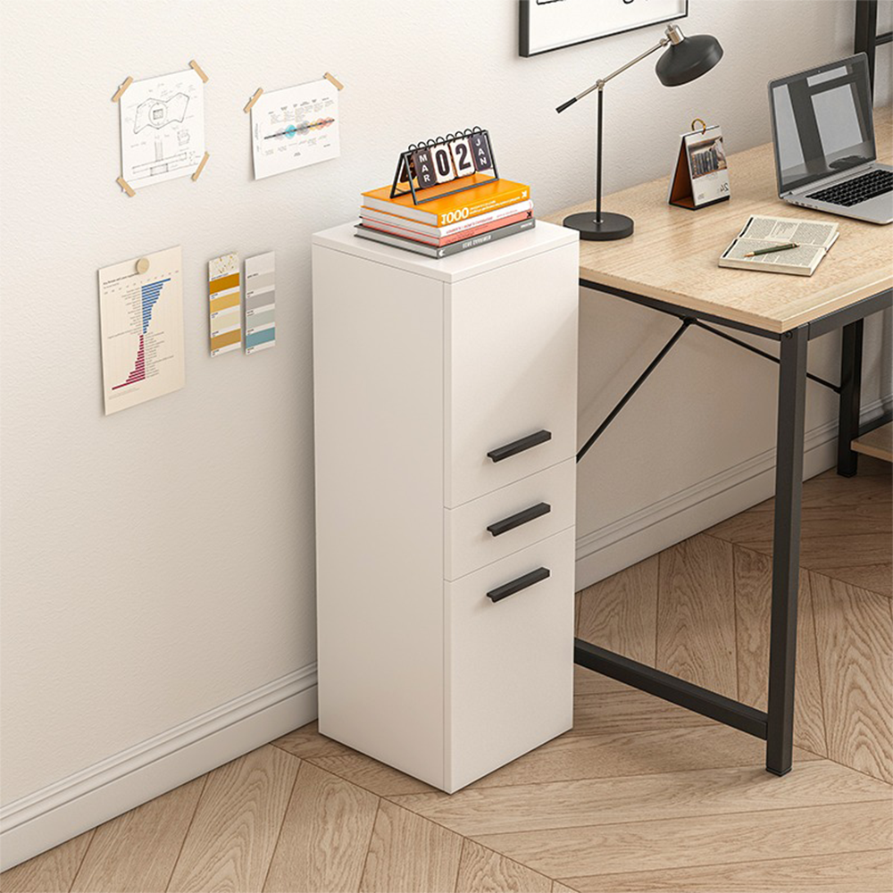 Raft depozitare birou 85 cm – alb, MDF, 2 rafturi + sertar, design loft