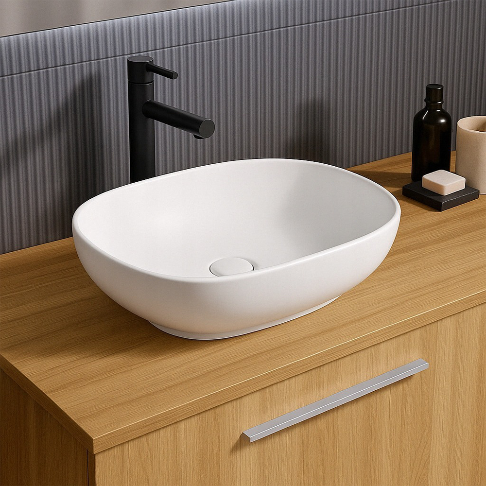 Lavoar oval pe blat 49 cm alb lucios – ceramică sanitară, design modern