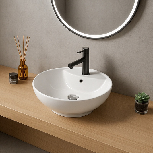 Lavoar ceramic pe blat 50 cm – oval, alb lucios, design modern, cu preaplin
