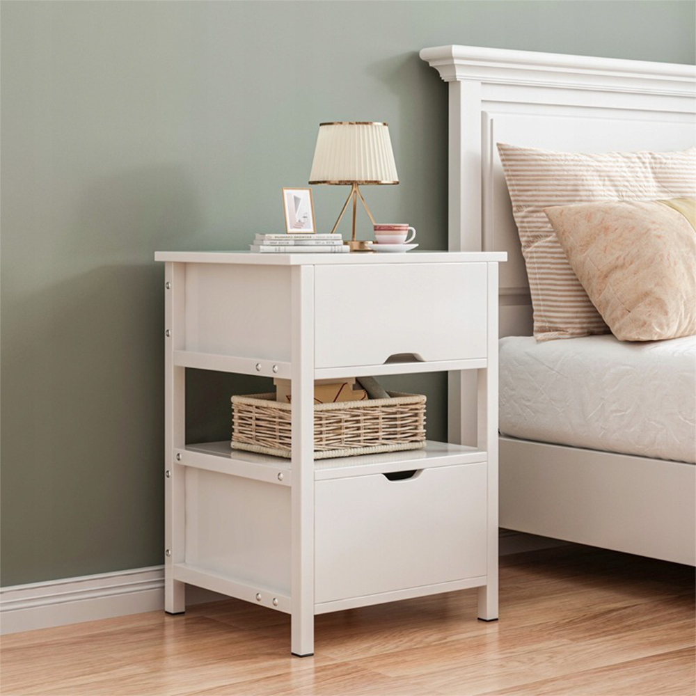 Măsuță noptiere albă cu sertare – 45 cm, MDF + metal, stil scandinav