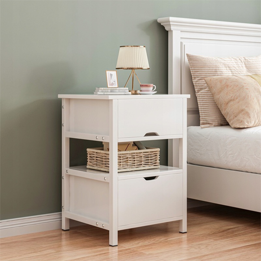 Măsuță noptiere albă cu sertare – 45 cm, MDF + metal, stil scandinav