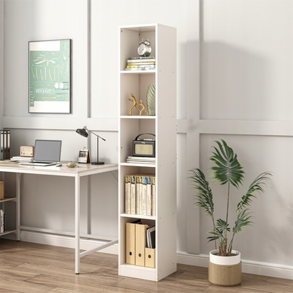 Bibliotecă slim albă 182 cm – stil scandinav, rafturi multiple, economisire spațiu